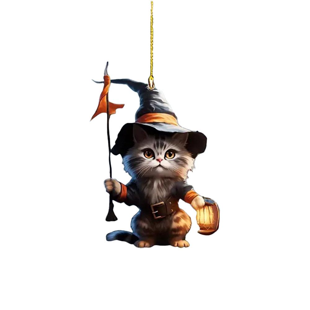 NEW Cute Acrylic Halloween Witch Cat Lantern Ornament Cat Shaped Pumpkin Hanging Pendant For Car Bag Keychain Decor C1D5
