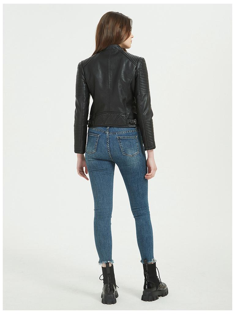 Damen PU-Leder Slim Stehkragenjacke - Europäischer/Amerikanischer Motorradstil, Erhältlich in verschiedenen Größen, Trendig und Pendlertauglich.