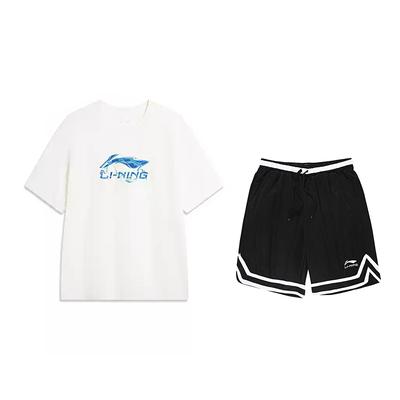 Li Ning Logo Letter Round Neck Loose Short Sleeve Mid Waist Tied Shorts Casual Sports Suit Unisex Suit AHSVD57-2+YAPV001-1