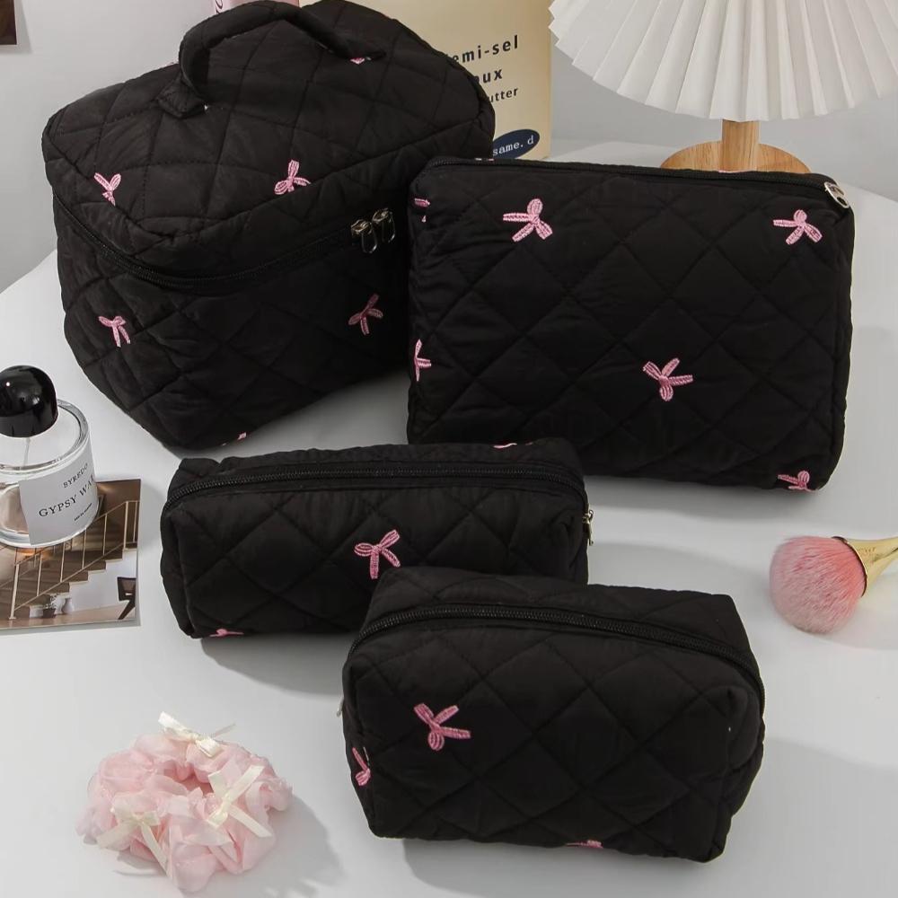 Black Women Portable Makeup Bag Large Capacity Pink Bow Quilting Cosmetic Pouch Ladies Travel Toiletry Storage Bag