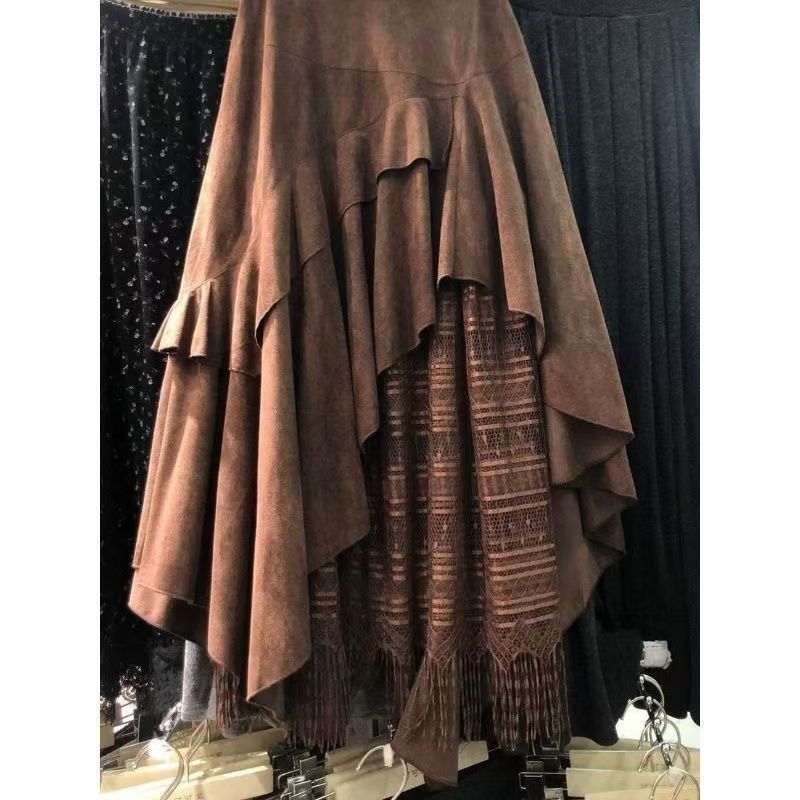 Women's Retro Suede and Lace Patchwork Skirt Asymmetrical Ruffled Midi Skirt