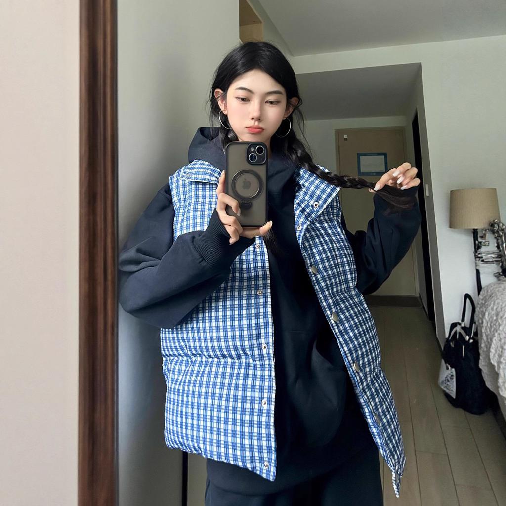 Blue plaid vest, vest, cotton clothes, women's new popular spring, autumn and winter wear thickened vest top