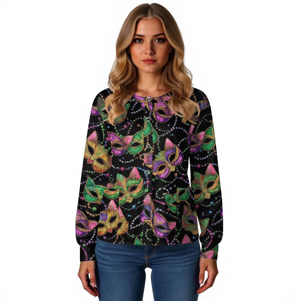 Damers vardagliga långärmade enkelknäppta tryckta skyddskläder kofta topp