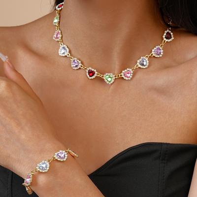 Super Flash Diamond Colored Love Clavicle Necklace Court Style Niche Necklace Set