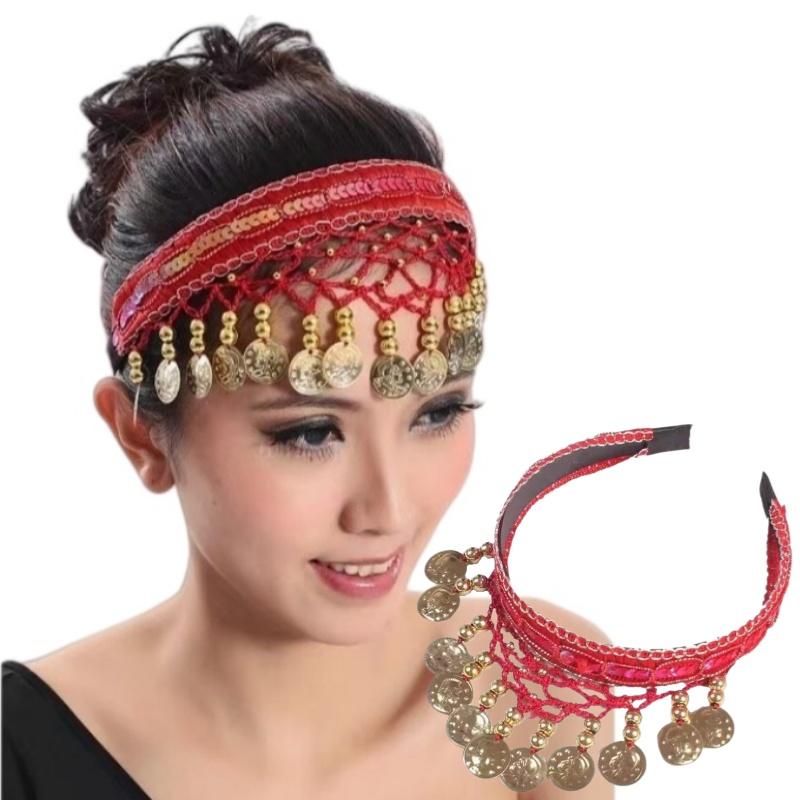 Ethnic Retro Belly Dance Headband With Red Sequin Coin Fringe Personalized Decorative Headpiece For Dance Performances