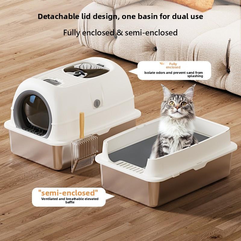 Aesthetic Enclosed Cat Litter Box Stainless Steel Cat Bedpans with Dual-Door Scratch-Resistant Pet Tray Easy-Clean Cats Toilet