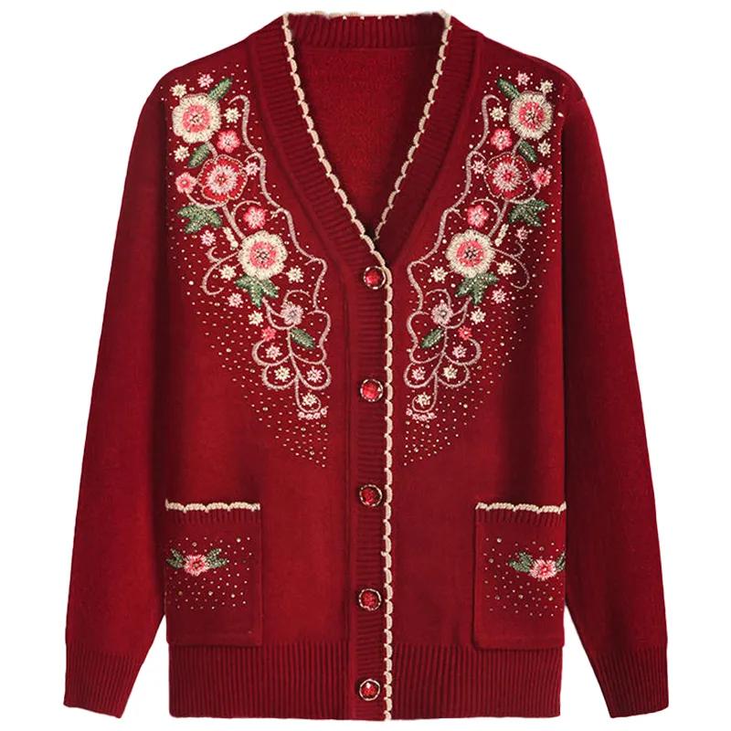 Damen Frühling Herbst Lässig V-Ausschnitt Langarm Jacke Damen Strickpullover Mittelalterlich und Älter Elegant Strickjacke Jacke