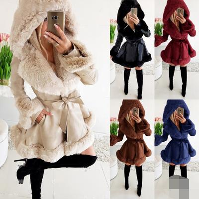 Belted Fur Hooded Fitted Coat Short Korean Style Rabbit Fur Stand Collar Single Button Thin Model for Men And Women