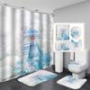 Cute Snowman Christmas Shower Curtain Set Silver Pine Branches Snowflake Xmas Balls Bathroom Decor Rug Bath Mat Toilet Lid Cover