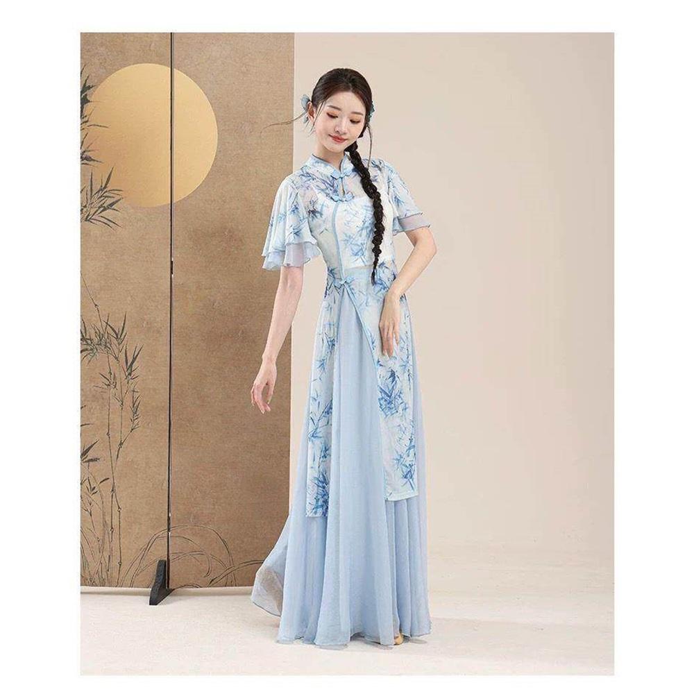 Women's Bamboo Print Qipao Collar Classical Dance Costume, Flowy Chiffon Skirt Folk Dance Performance Outfit