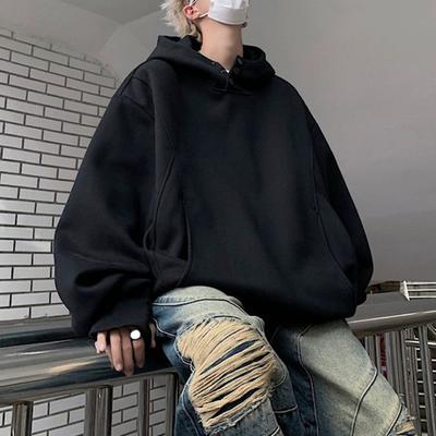 Herbst-Winter-Kapuzenpullover für Herren mit großen Taschen, geknöpfter Kapuze, lockerer, elastischer Manschette, warmer Pullover, mittellanges Hip-Hop-Oberteil in Volltonfarbe für den Sport und den Alltag