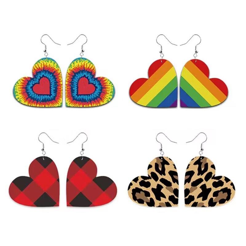High quality new big love earrings red and black plaid rainbow leopard print heart leather ear hook Amazon ins earrings