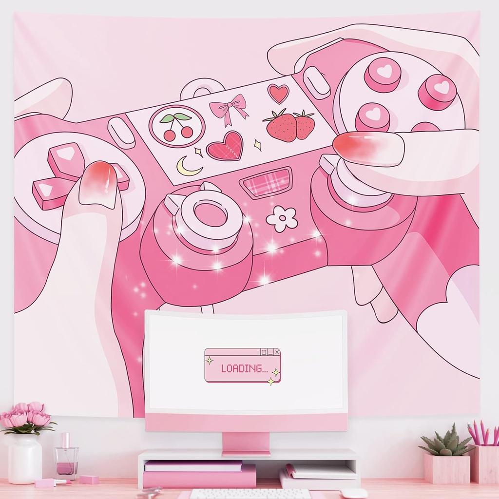Pecfamly Cutecore Room Decor - Pink Anime Tapestry - Kawaii Posters - Gamer Girl Room Decor - Gaming Tapestry