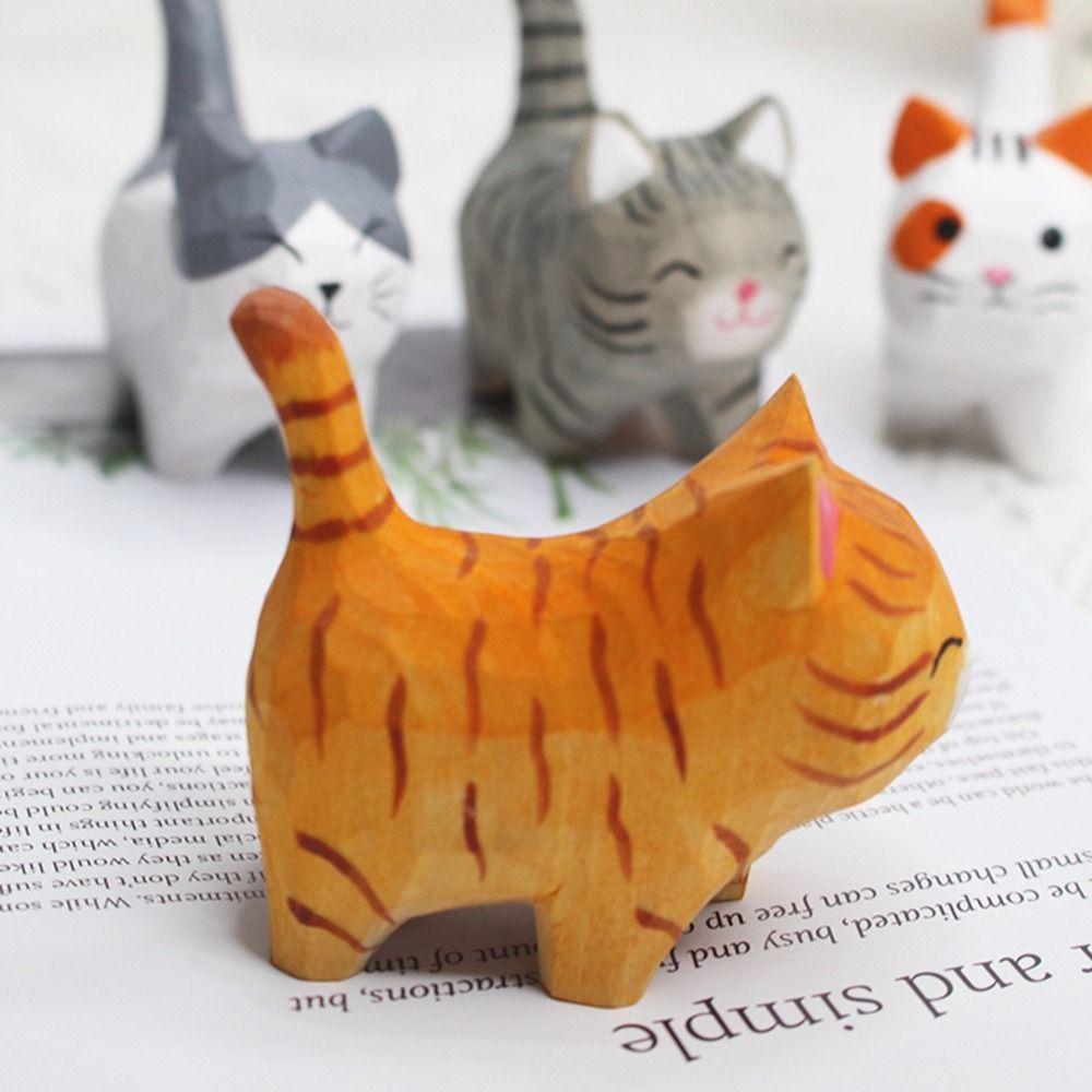 Animal Wood Carving Kitten Orange Cat Cat Figurines Decoration Crafts   Home Decor