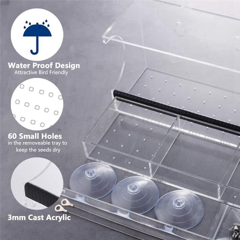 Comedero para pájaros Good-Window, resistente a la intemperie, con ventosa para exteriores, bandeja de 3 secciones y cubierta de techo.