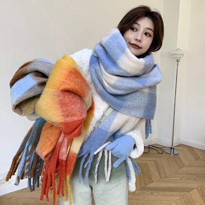 Novo cachecol de borla xadrez de imitação de cashmere com atmosfera para mulheres no outono e inverno, com veludo espesso e pescoço quente