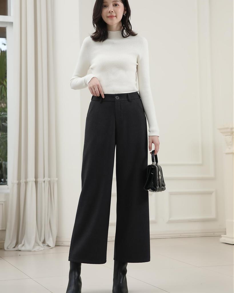 Ladyangel Gaucho Cropped Straight Leg Trousers with Elastic Loose Warm and Perfect for and Office Autumn and Winter Women's Wide-Leg Pants, Length,