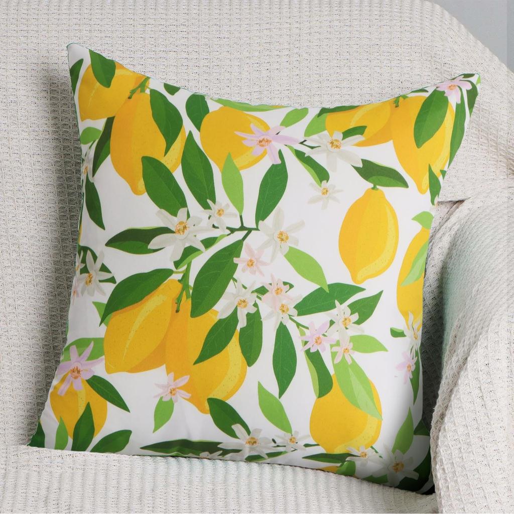 4 Pcs Double Sided Lemon Cushion Covers, Summer Citrus Fruit Floral Print Throw Pillow Cases (No Inserts)