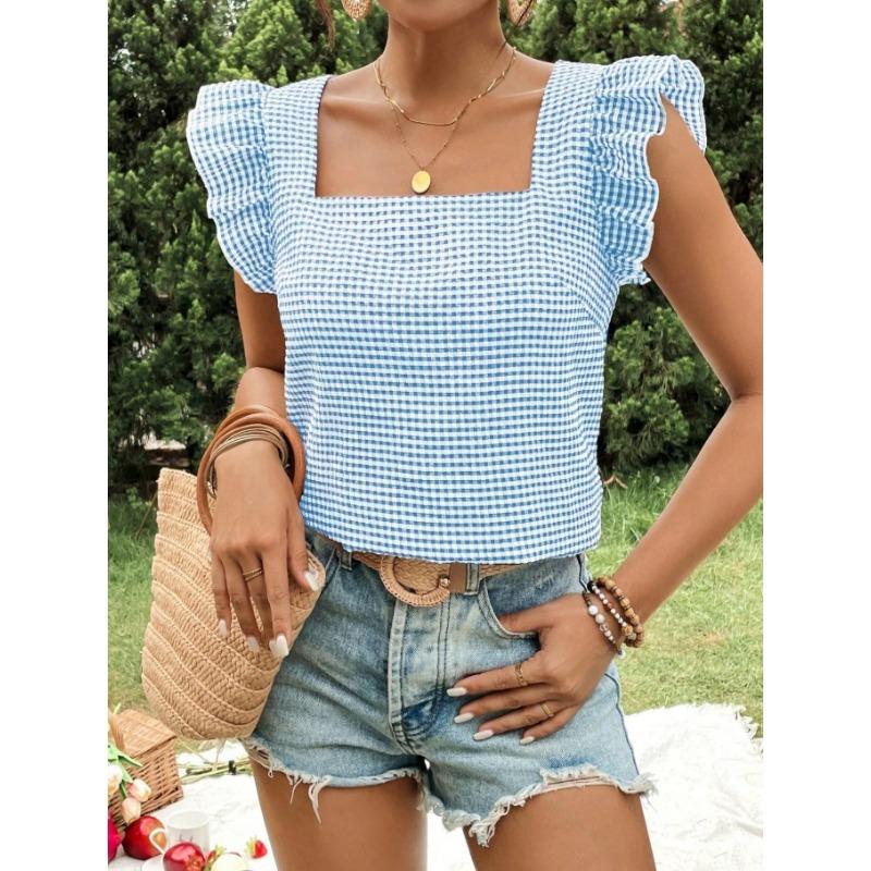 Top camicetta estiva da donna a maniche corte, nuovo, a quadri, con scollo quadrato e volant, casual