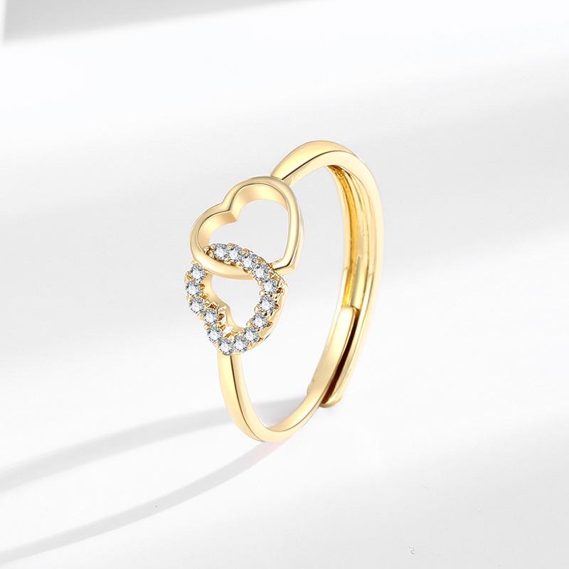 Double Heart Shape Ring for Women with Micro-Paved Diamonds – Elegant, Light Luxury Index Finger Jewelry
