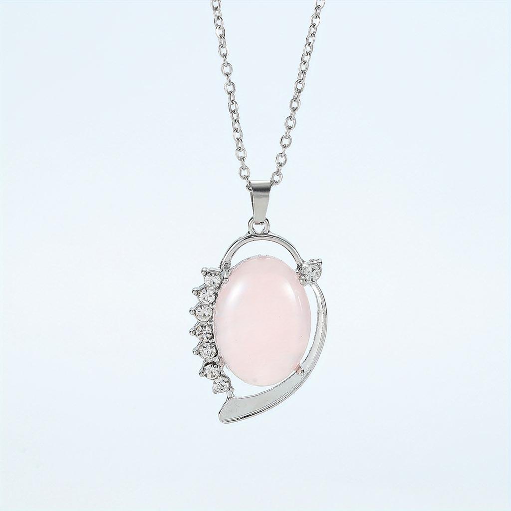 Natural Crystal Stone Pendants Necklaces Oval Bead Healing Pink Quartz Jewelry for Women Oval Shape Charms Metal Alloy Pendant
