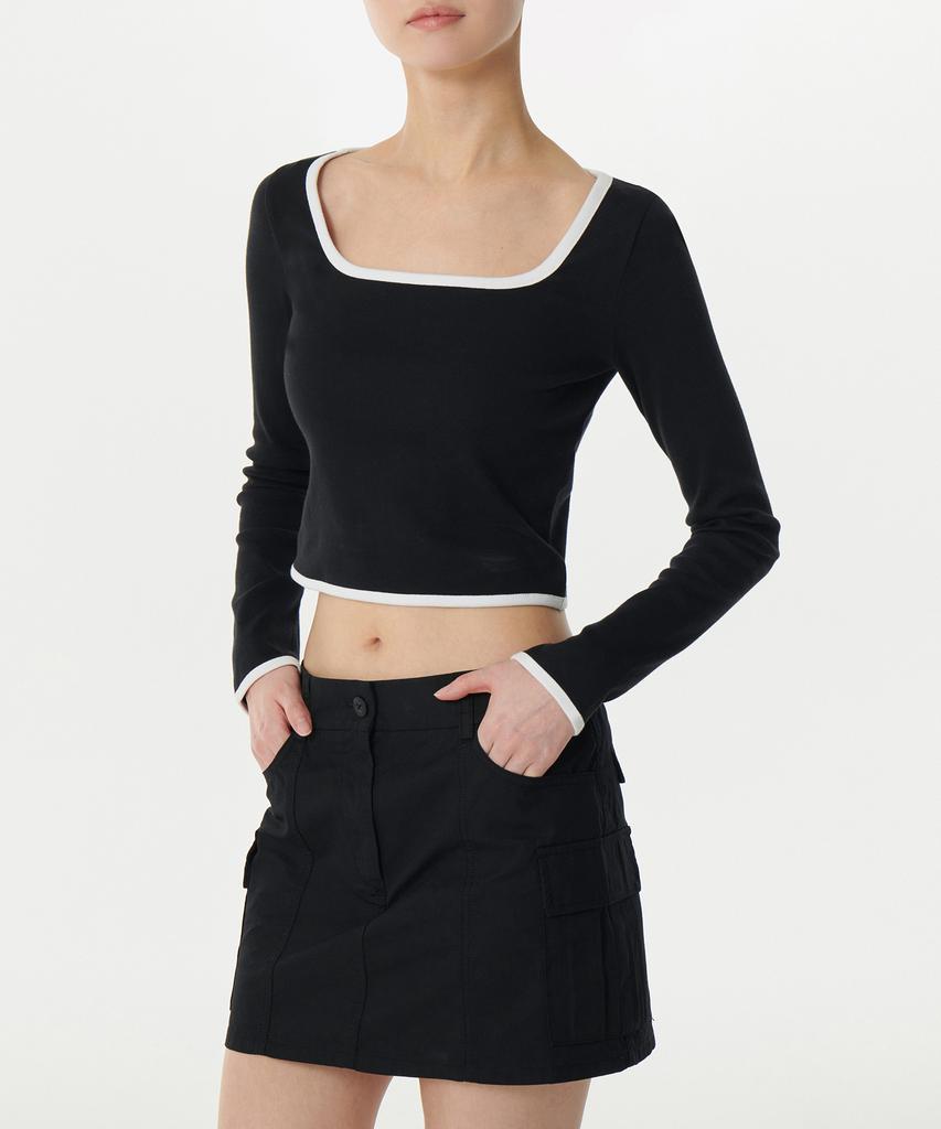 MUSINSA STANDARD WOMAN Women'S Slim Crop Square Neck Ringer Long Sleeve T-Shirt [Black/White]