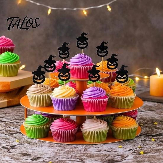 Cake Topper 8 Pcs Halloween Cupcake Toppers, Black Glitter Witch Hat Pumpkin Party Supplies Picks for Supplies, Birthday Decoration Festive
