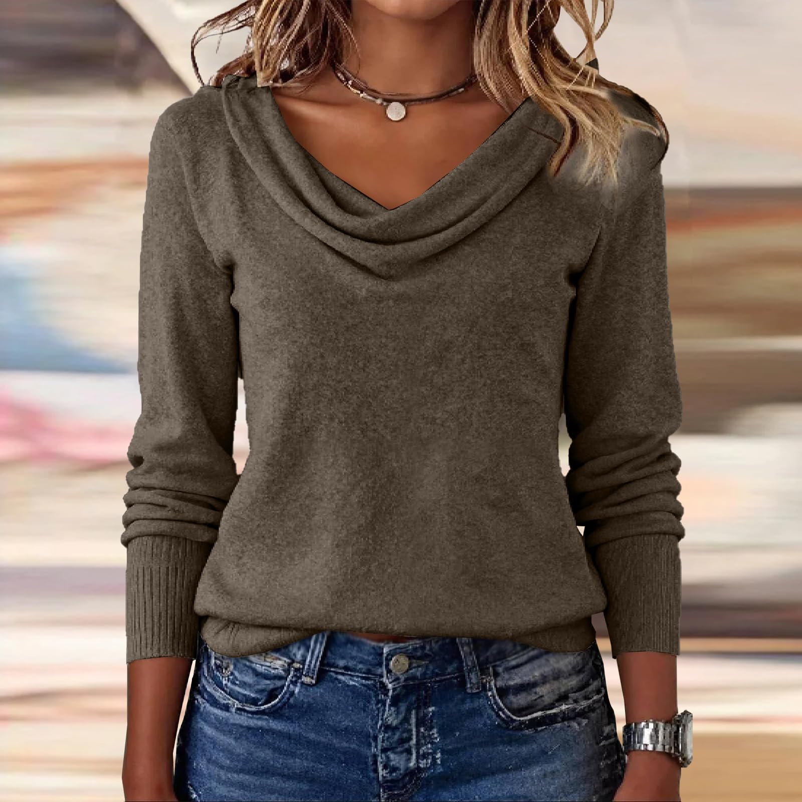 

Women s Cowl Neck Long Sleeve Sweater Knit Pullover Tops S коричневий