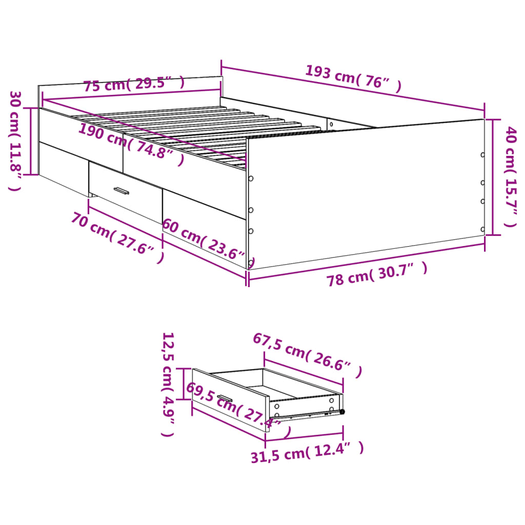 Bed Frame with Drawers Concrete Grey 75 x 190 cm Engineered Wood