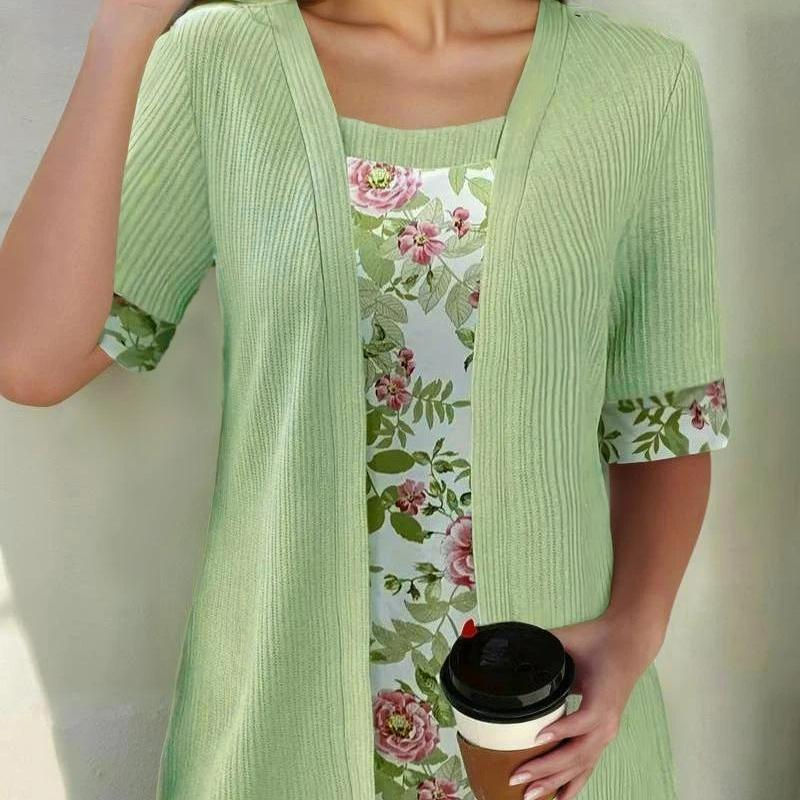 

Women s Short-sleeved Printed Patchwork T-shirt Top M зелений