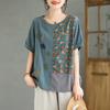 Summer Women T Shirts Floral Print Linen Shirt Plus Size Loose Casual Tops Elegant Sleeve Patchwork Tees 91688