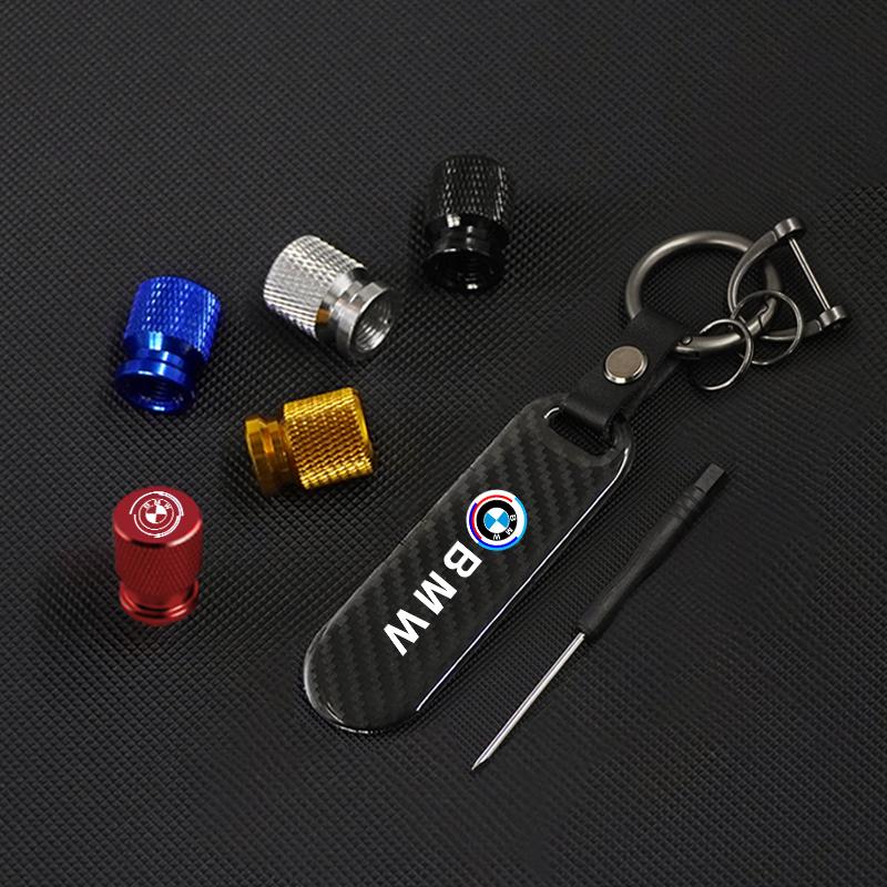 Carbon fiber Tire Valve Stems Cap Keychain Style Wheel Air Valve Cover For BMW 50th Anniversary 3 5 7 Series E83 F16 E70 Sticker GA3