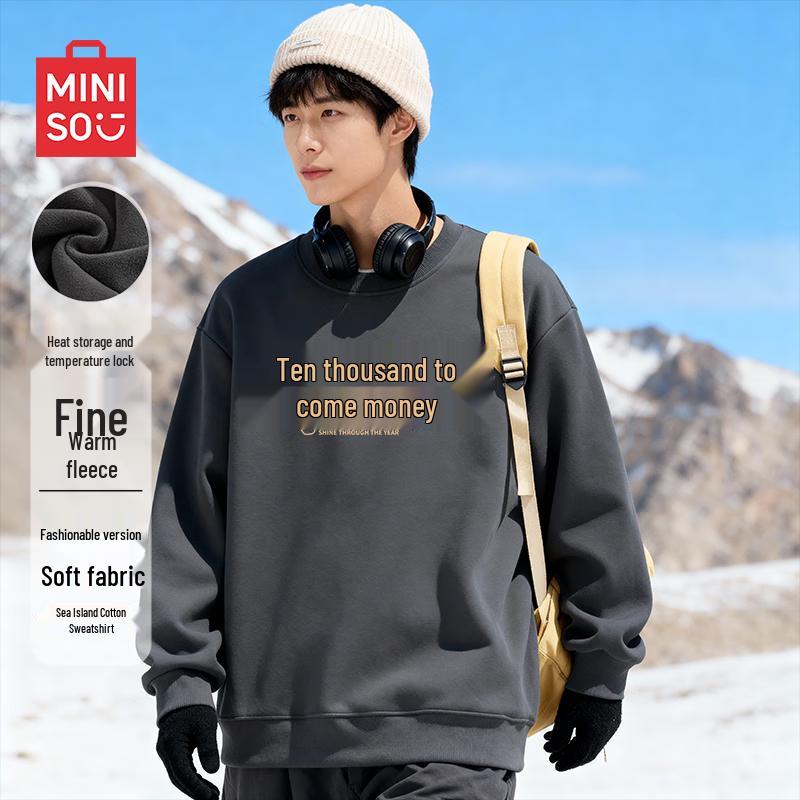 MINISO Men's Retro Fleece Lined Crew Neck Sweatshirt