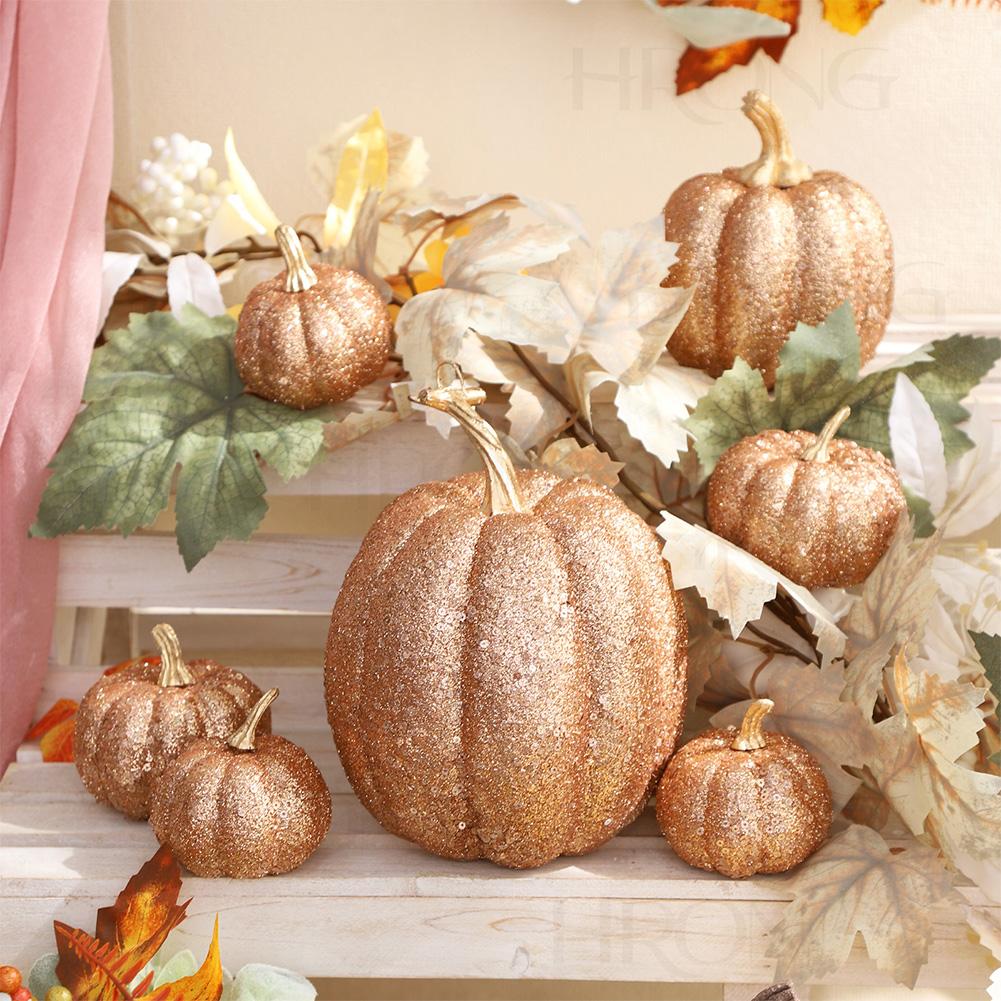 7PCS Gold Glitter Pumpkin Decor Set  Glittered Plastic Pumpkin Decor Set - Perfect For Fall, Halloween Festive Party Decorations
