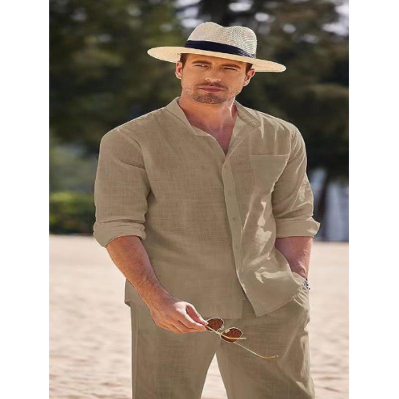 Plus Size Herr Casual Linne Tvådelade Set Europe Style Vintage Basic Toppar och solida byxor Kostym Man Beach Träningsoveraller Set