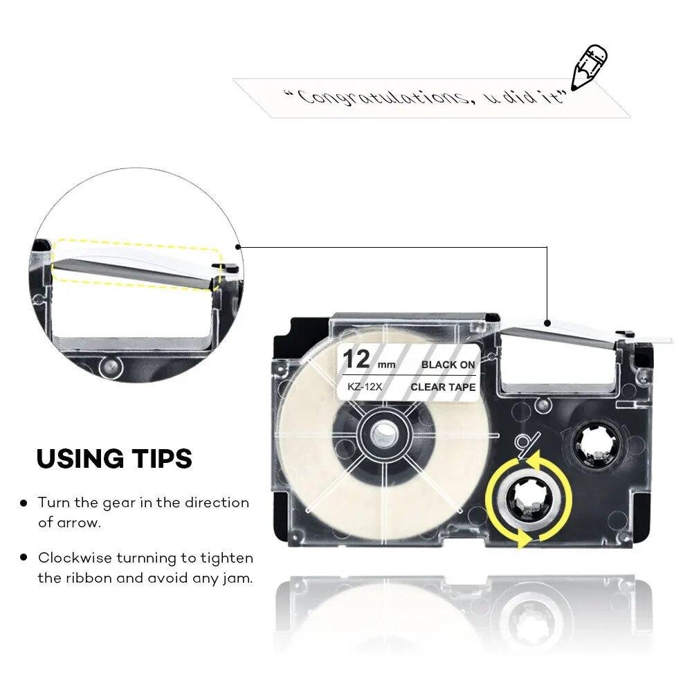 5Pcs XR-12X ribbon cartidge compatible for Casio label printer Black on Clear casio label tape 12mm XR12X for EZ Printers KL-120