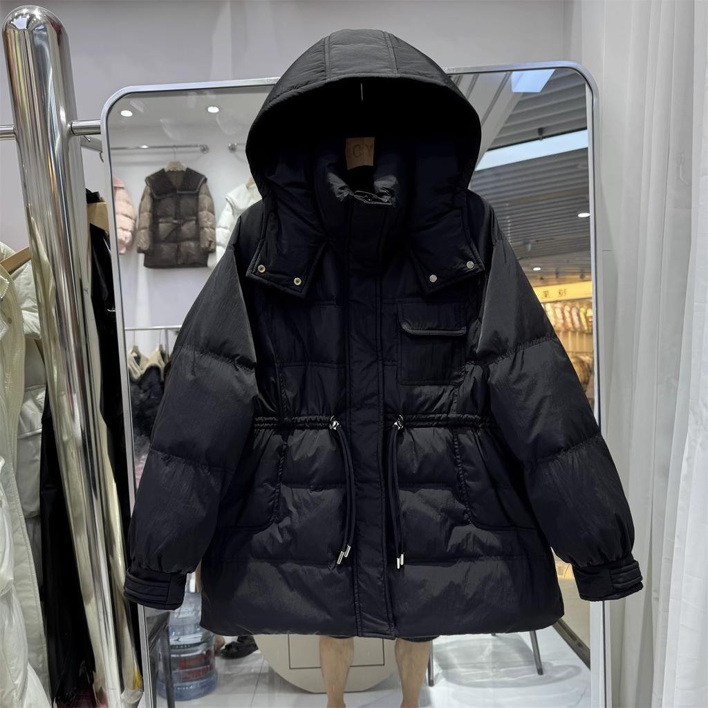 Autumn and winter new down jackets women's medium and long hooded waist drawstring thickened fashionable duck down warm jacket