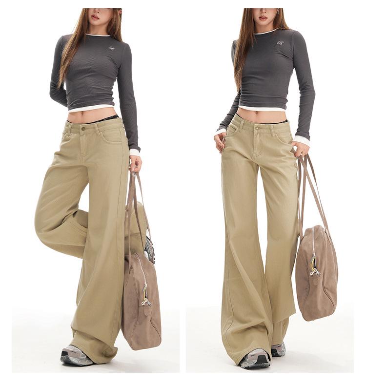 Women's Khaki Micro-Flared Casual Pants - Loose Fit, Autumn Retro Slimming Jeans