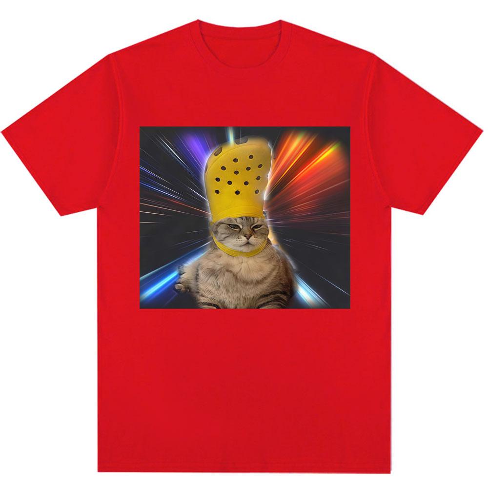 Funny Cat with Croc on Its Head Meme T Shirt Men Women Humor Popular Joke T-shirts Personality Oversized Cozy Cotton O-Neck Tees