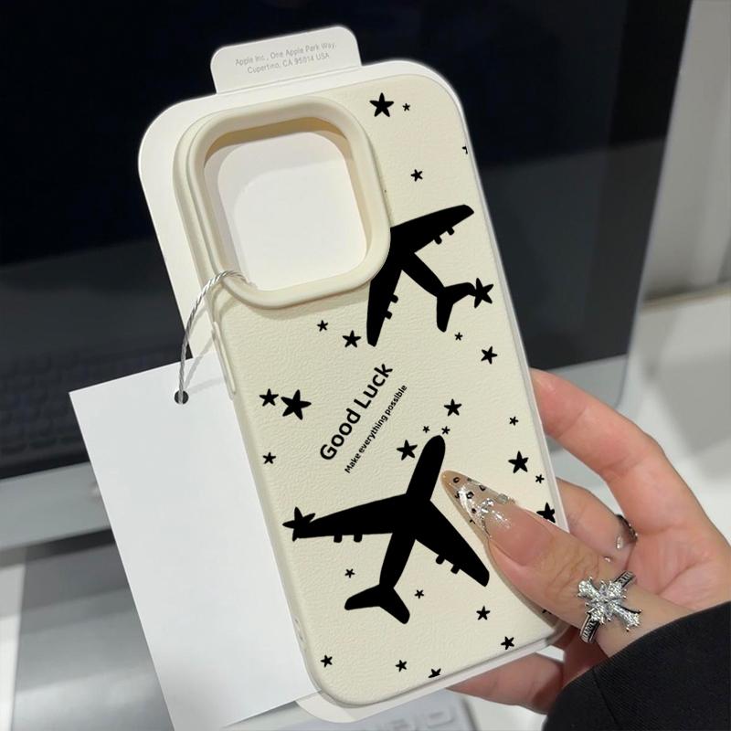 Airplane Pattern TPU Leather Texture Case For iPhone 16 Pro Max 15 Pro 14 13 12 11 Soft Matte Shockproof Lens Protection Slim Phone Cover