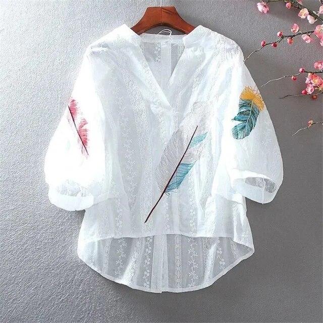 

Хлопковые кружевные блузки, свободный летний топ, женская рубашка с вышивкой, цветочная рубашка с v-образным вырезом и рукавами-фонариками, темпераментная женская тонкая рубашка XL белый