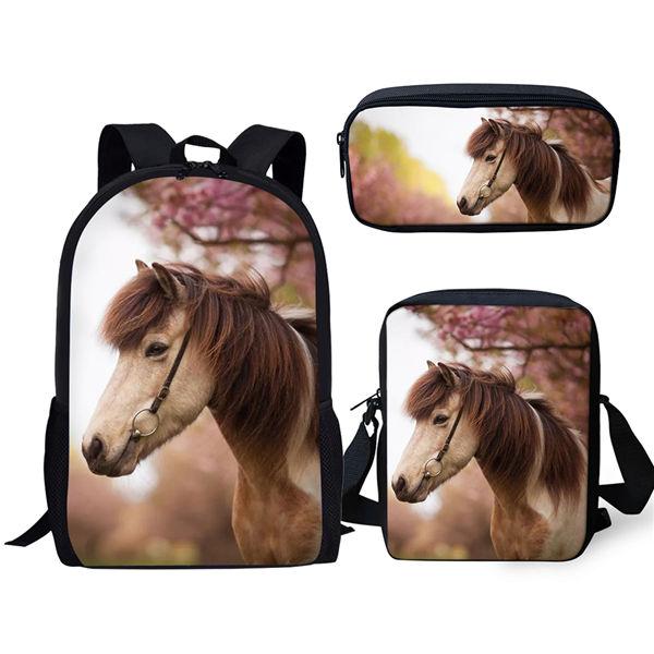 Klassiek Populair Nieuwigheid Paarden 3D Print 3 stuks/Set leerling Schooltassen Laptop Dagrugzak Rugzak Schuin gedragen schoudertas Etui