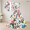 Women Plus Size Floral Printed Two Piece Set Square Neck Sleeveless Tie Waist Flared Dress Short Sleeve Cropped Shrug