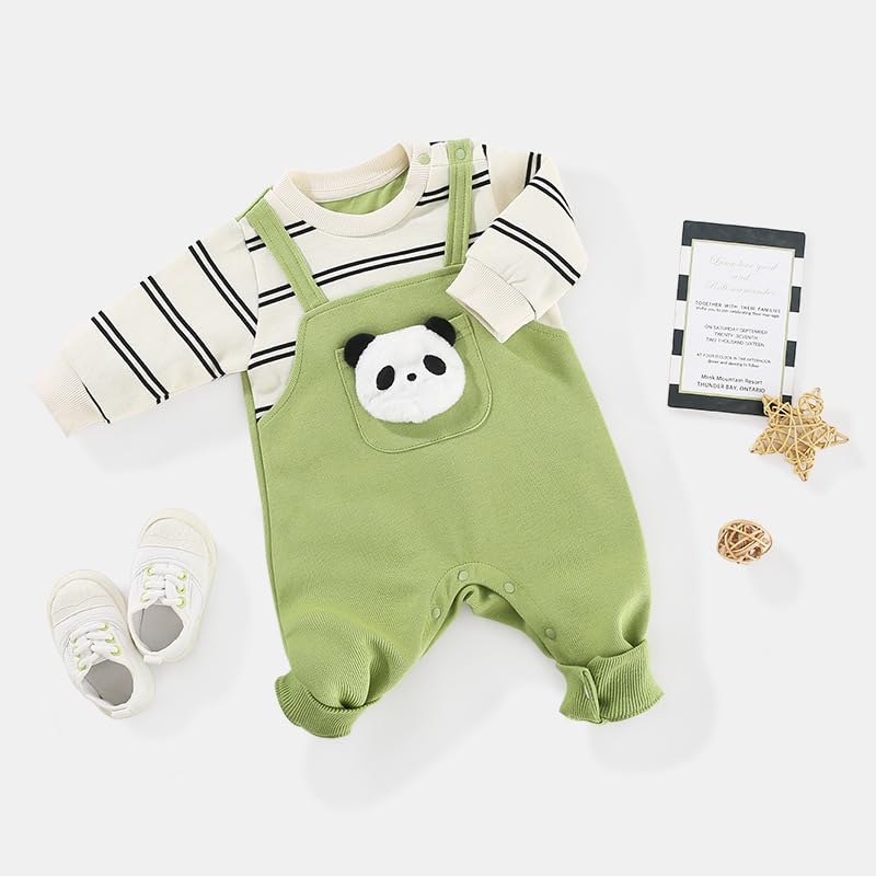 Baby koi Baby Boys Long Sleeve Layered Faux Layered Baby Prep Green Panda Size 6M Romper, Spring/Autumn Overalls-Style Coverall, Newborn, Coverall,