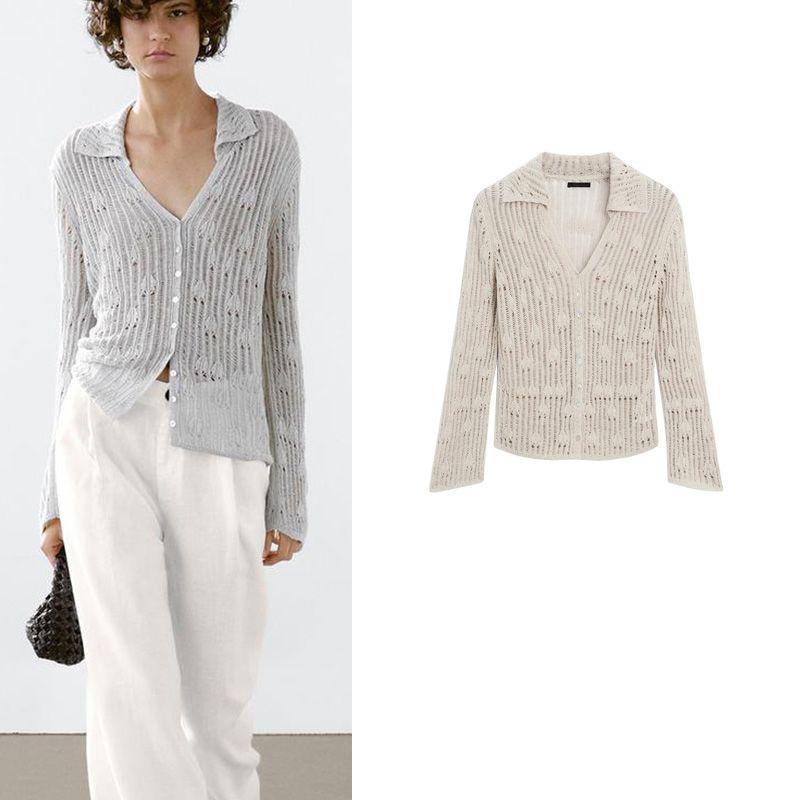 MD Summer New Arrival Women's Clothing French Lazy Style Slim Fit Cut Out Polo Collar Knitting Cardigan 5786725