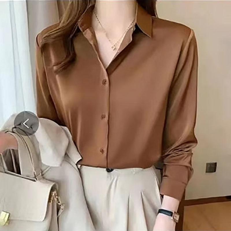 Korean Commute Spring Autumn Satin Blouses Women's Polo Neck Solid Button Loose Ruched Long Sleeve Casual All-match Shirts