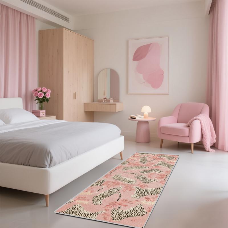 VIKAMA Pink Leopard Print Long Rug for French Luxury Entrance Hall Floor Mat Anti-Slip Kitchen Bedroom Carpet Home Decoration