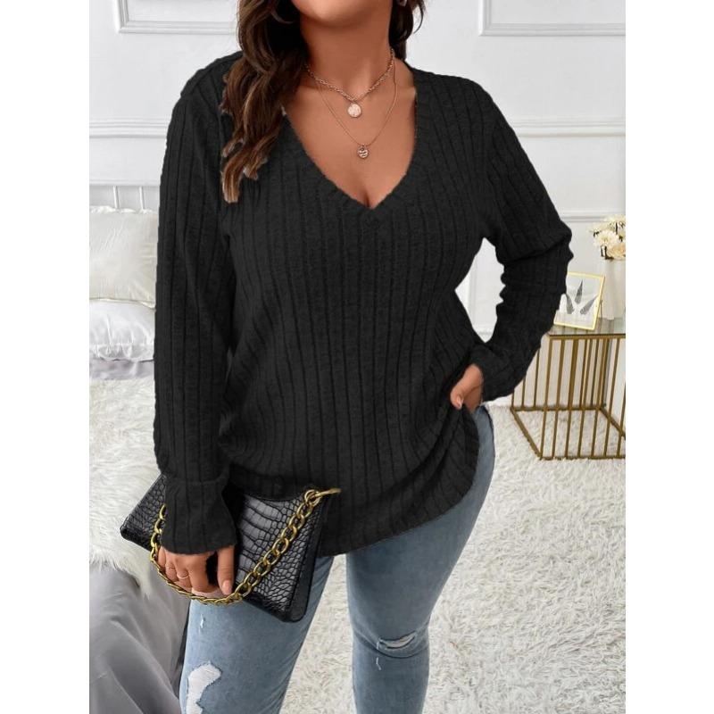 New V Neck Long Sleeve Casual Plus Size Loose Blouse Solid Color Women Large Casual Office Fashion Elegant Long Sleeve Tos Pit Strip Tshirt Clothes