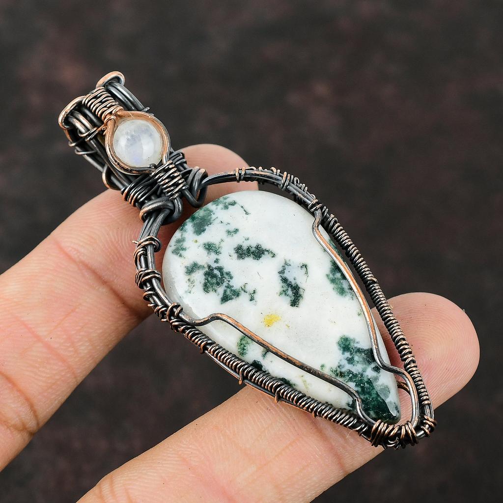 Moss Agate Pendant Copper Wire Wrapped Pendant Rainbow Moonstone Pendant Handmade Jewelry Wrapped Gemstone Pendant Moss Agate Copper Jewelry