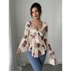 Women's Floral Print Bell Sleeve Peplum Top V Neck Tie Front Blouse